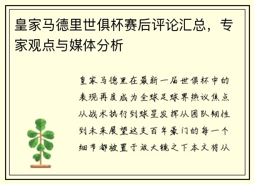 皇家马德里世俱杯赛后评论汇总，专家观点与媒体分析